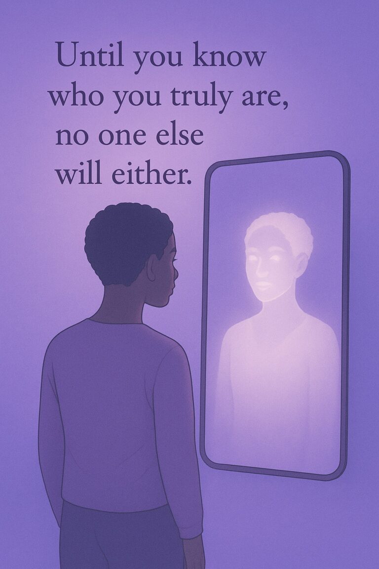 A person looks at their glowing reflection in a mirror